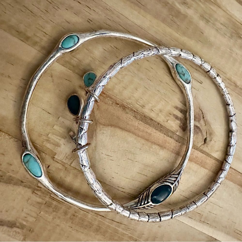 Silver tone and Turquoise  colored stone Bangle Set